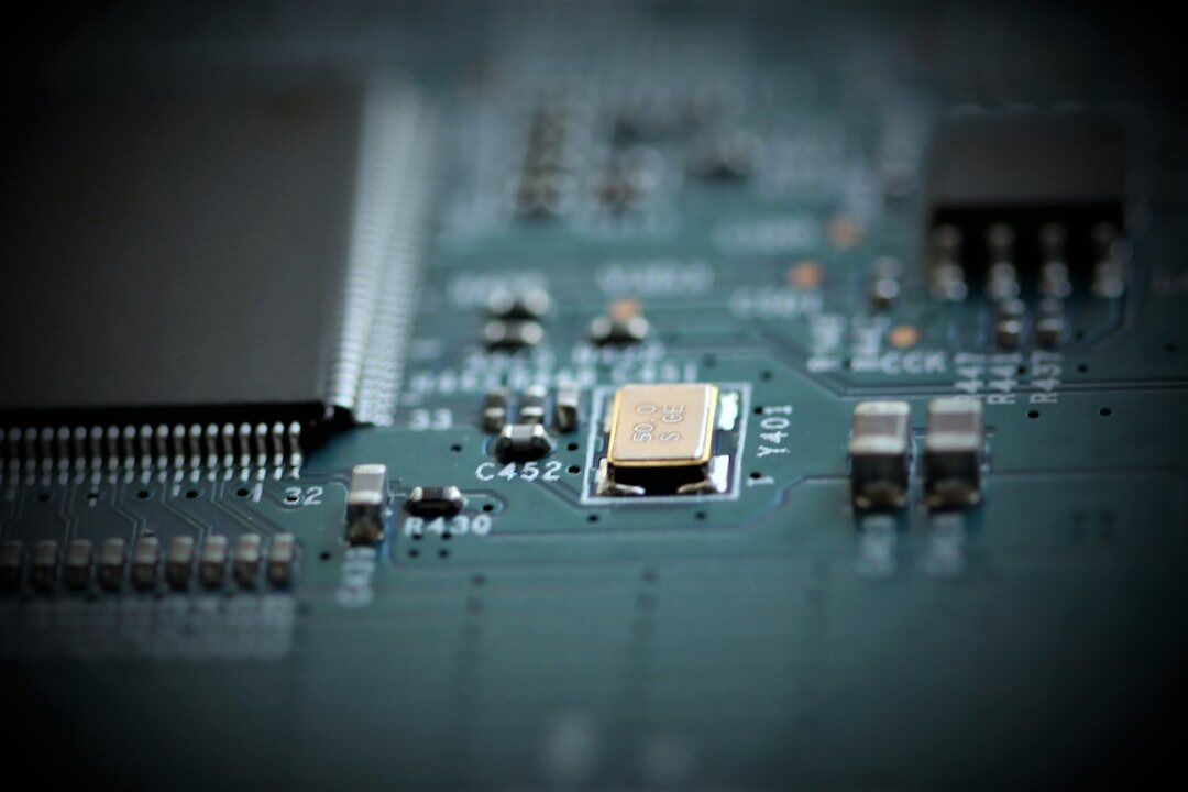 Digital automation circuit board with glowing electronic components